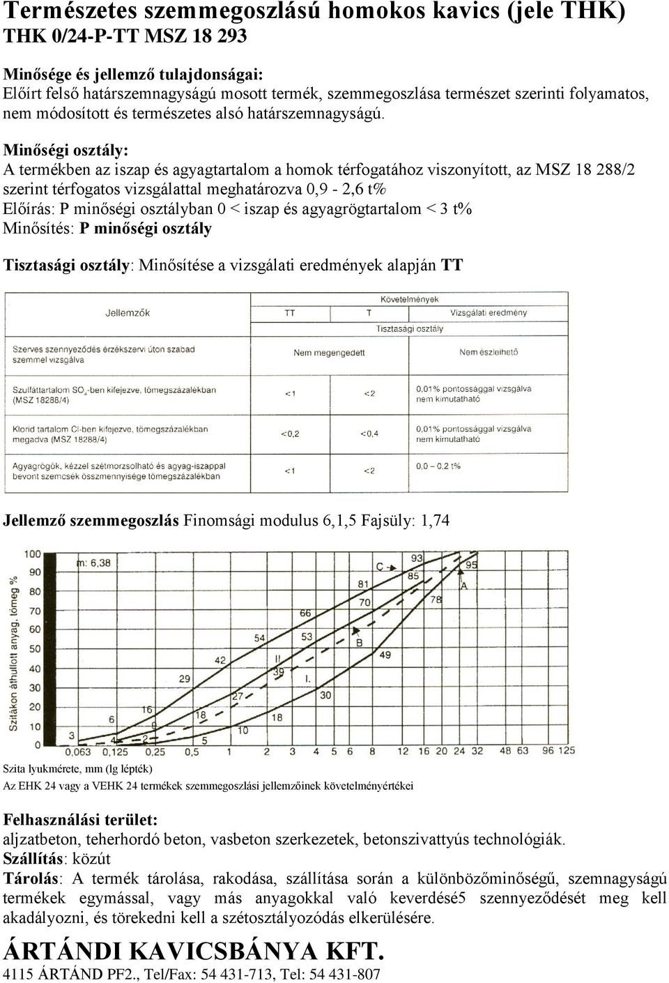 Minőségi osztály: A termékben az iszap és agyagtartalom a homok térfogatához viszonyított, az MSZ 18 288/2 szerint térfogatos vizsgálattal meghatározva 0,9-2,6 t% Előírás: P minőségi osztályban 0 <