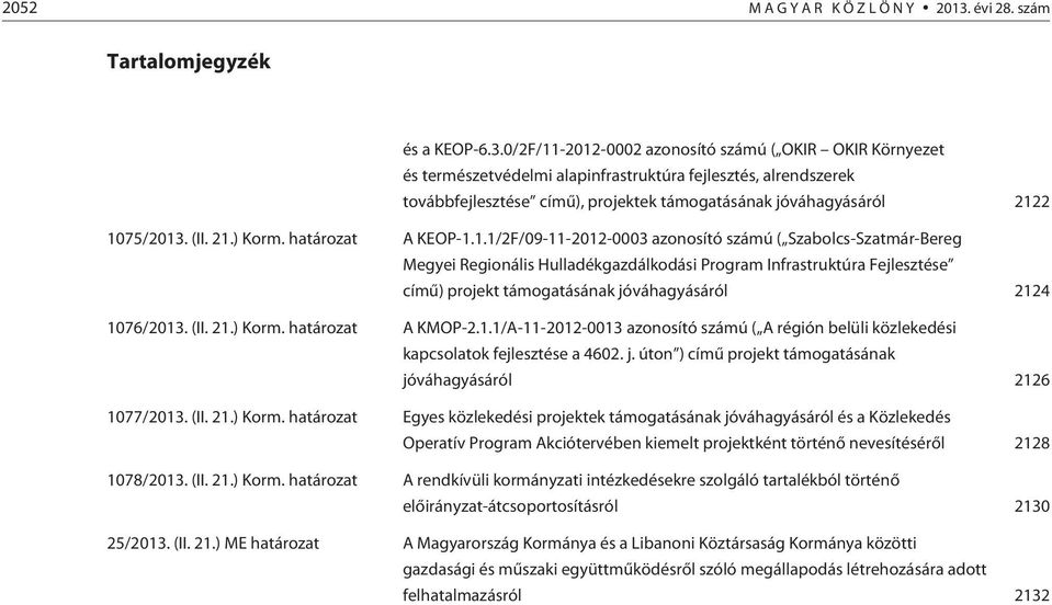 0/2F/11-2012-0002 azonosító számú ( OKIR OKIR Környezet és természetvédelmi alapinfrastruktúra fejlesztés, alrendszerek továbbfejlesztése címû), projektek támogatásának jóváhagyásáról 2122 1075/2013.