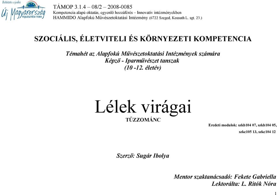 életév) Lélek virágai TŰZZOMÁNC Eredeti modulok: szkb104 07, szkb104 05, szkc105