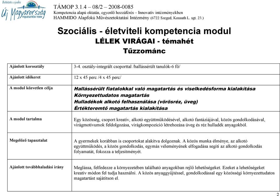 Környezettudatos magatartás Hulladékok alkotó felhasználása (vörösréz, üveg) Értékteremtő magatartás kialakítása A modul tartalma Egy közösség, csoport kreatív, alkotó együttműködésével, alkotó