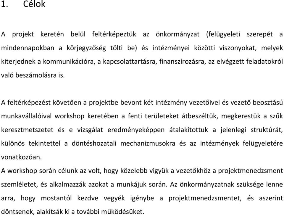 A feltérképezést követően a projektbe bevont két intézmény vezetőivel és vezető beosztású munkavállalóival workshop keretében a fenti területeket átbeszéltük, megkerestük a szűk keresztmetszetet és e