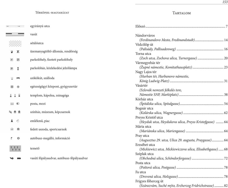 főpályaudvar, autóbusz-főpályaudvar Előszó... 7 Nándorváros (Ferdinandovo Mesto, Fredinandstadt)... 14 Védcölöp út (Palisády, Pallisadenweg)... 16 Torna utca (Zoch utca, Zochova ulica, Turnergasse).