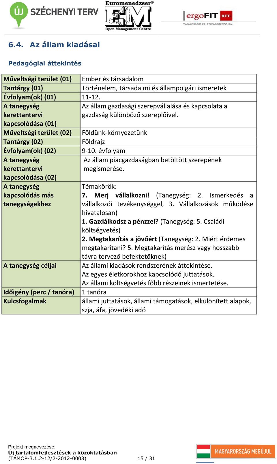 állampolgári ismeretek 11-12. Az állam gazdasági szerepvállalása és kapcsolata a gazdaság különböző szereplőivel. Földünk- környezetünk Földrajz 9-10.