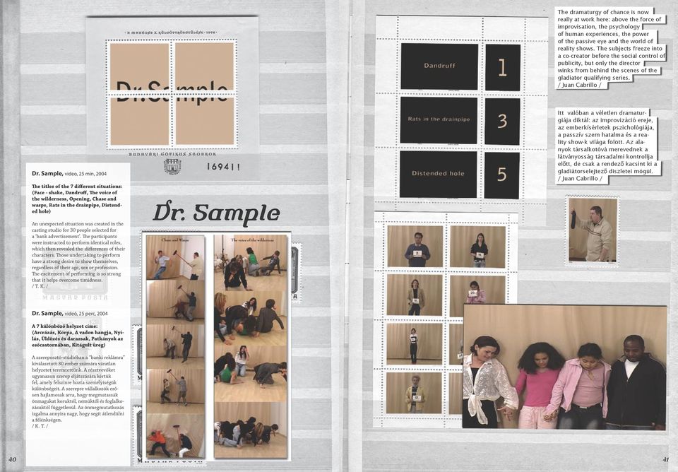 Sample, video, 25 min, 2004 The titles of the 7 different situations: (Face - shake, Dandruff, The voice of the wilderness, Opening, Chase and wasps, Rats in the drainpipe, Distended hole) An