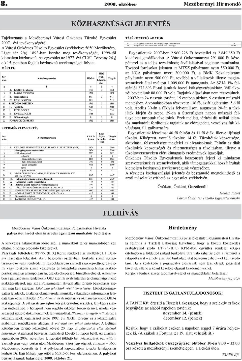 pontban foglalt közhasznú tevékenységet folytat. MÉRLEG Sorszám EREDMÉNYLEVEZETÉS A tétel megnevezése Elõzõ év Tárgyév a b c d e 1 A. Befektetett eszközök 1709 0 1901 3 II.