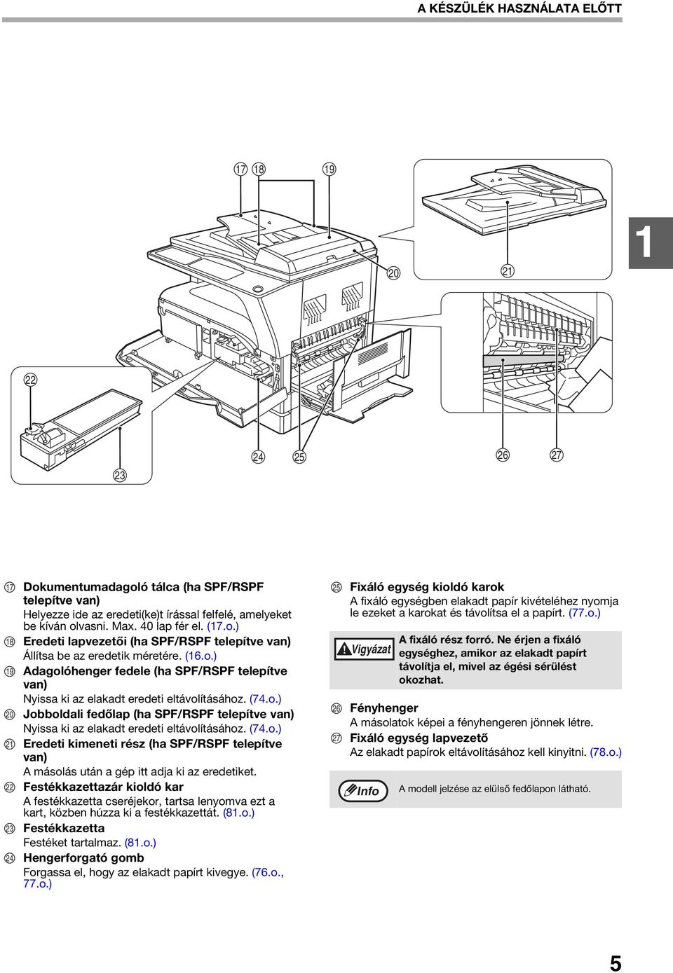 (7.o.) Eredeti kimeneti rész (ha SPF/RSPF telepítve van) A másolás után a gép itt adja ki az eredetiket.