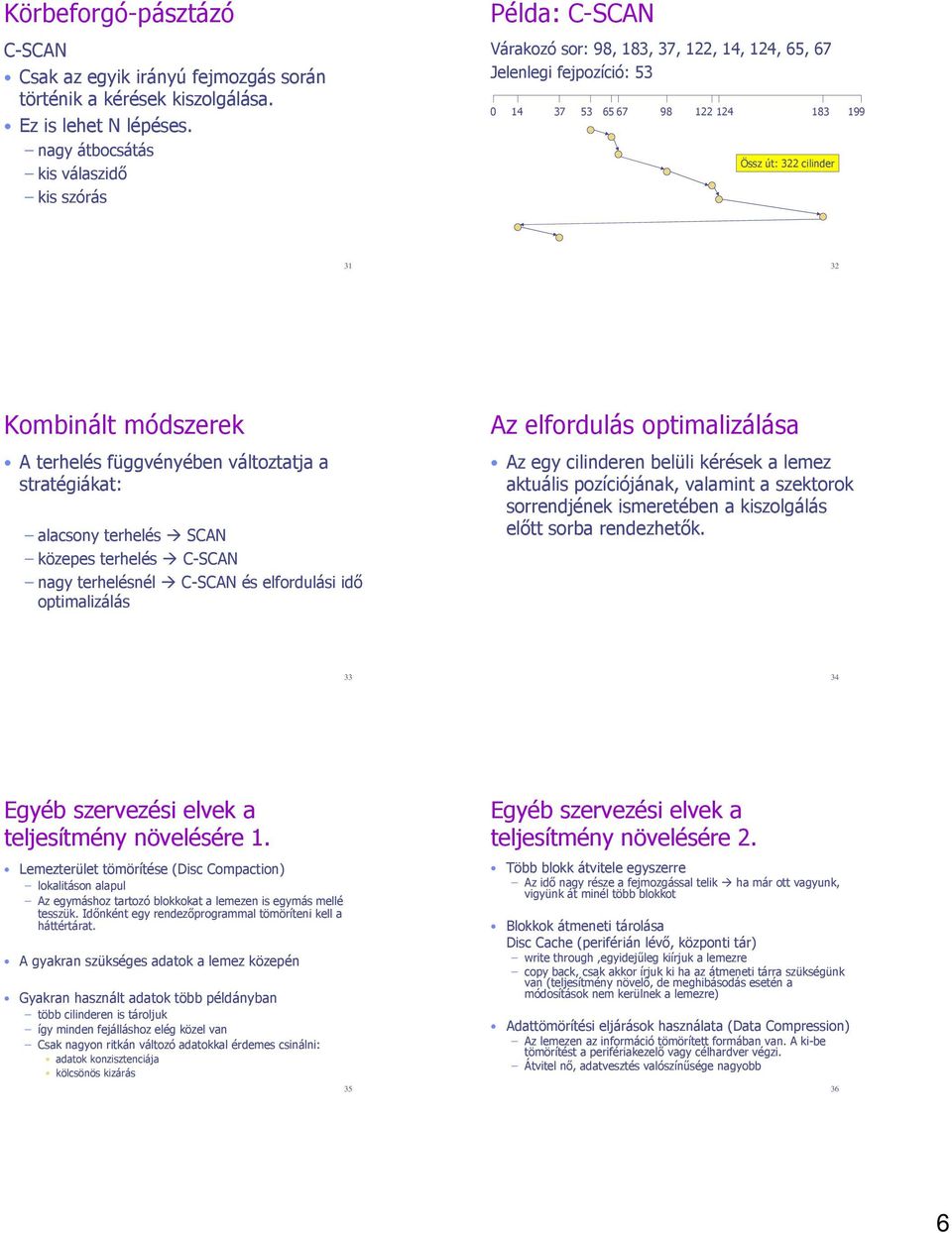 változtatja a stratégiákat: alacsony terhelés SCAN közepes terhelés C-SCAN nagy terhelésnél C-SCAN és elfordulási idő optimalizálás Az elfordulás optimalizálása Az egy cilinderen belüli kérések a