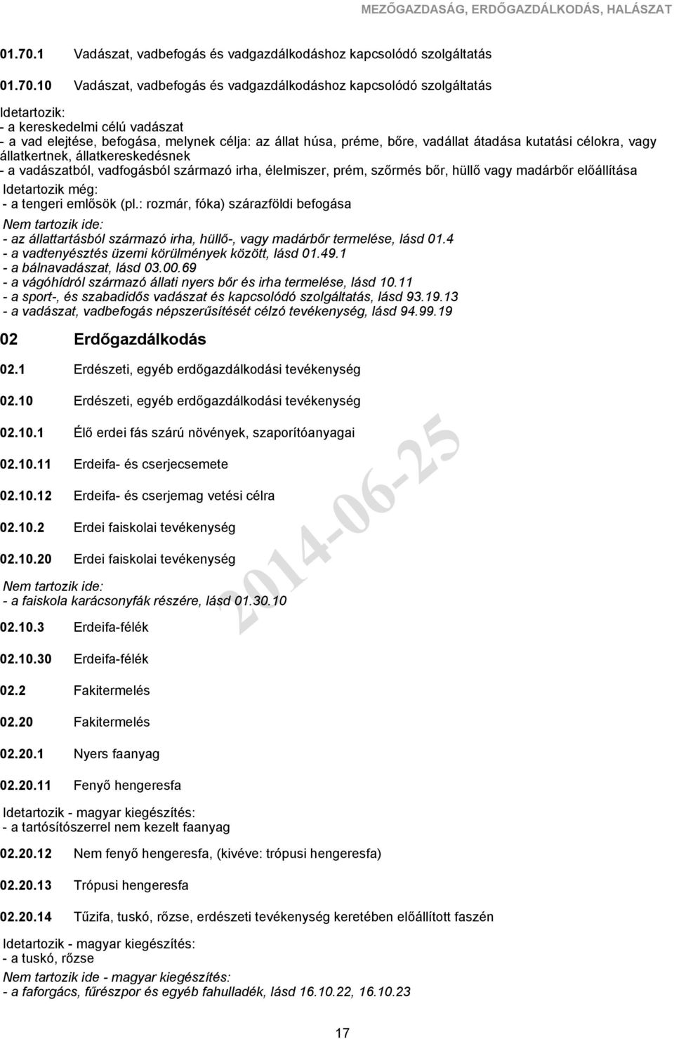 10 Vadászat, vadbefogás és vadgazdálkodáshoz kapcsolódó szolgáltatás Vadászat, vadbefogás és vadgazdálkodáshoz kapcsolódó szolgáltatás - a kereskedelmi célú vadászat - a vad elejtése, befogása,