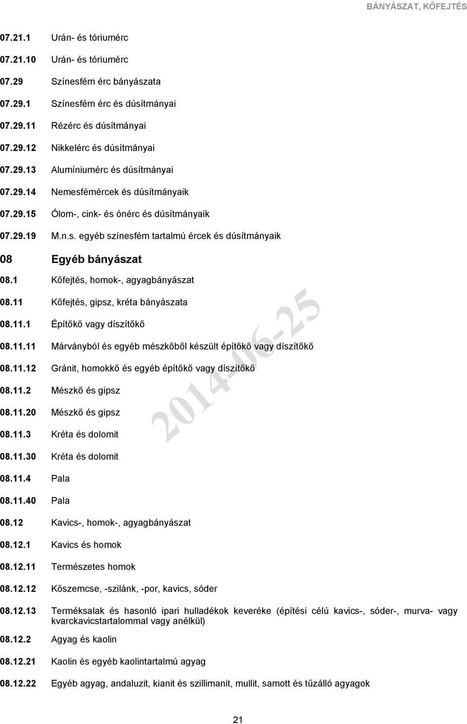 1 11 12 13 14 15 19 08 Urán- és tóriumérc Urán- és tóriumérc Színesfém érc bányászata Színesfém érc és dúsítmányai Rézérc és dúsítmányai Nikkelérc és dúsítmányai Alumíniumérc és dúsítmányai