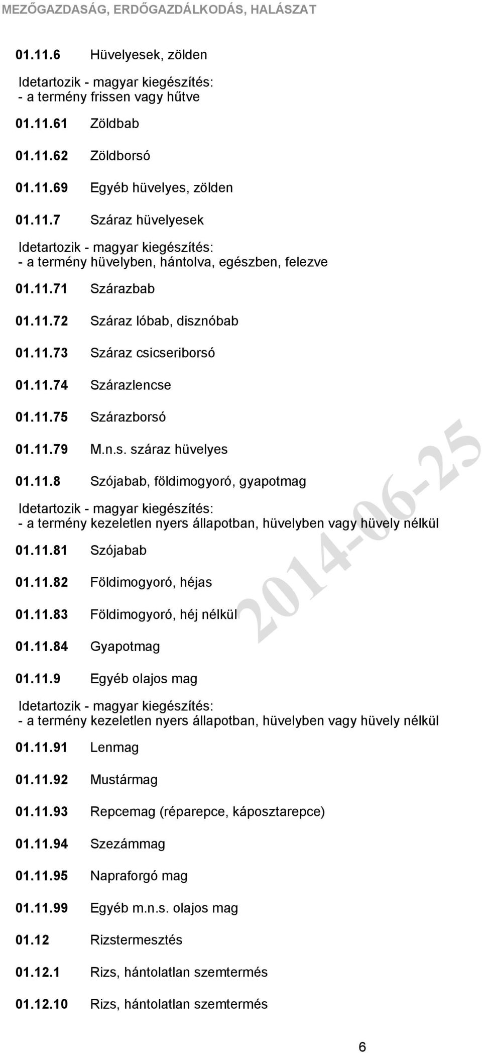 11.81 01.11.82 01.11.83 01.11.84 Szárazborsó M.n.s. száraz hüvelyes Szójabab, földimogyoró, gyapotmag Szójabab Földimogyoró, héjas Földimogyoró, héj nélkül Gyapotmag 01.11.9 Egyéb olajos mag - a termény kezeletlen nyers állapotban, hüvelyben vagy hüvely nélkül 01.