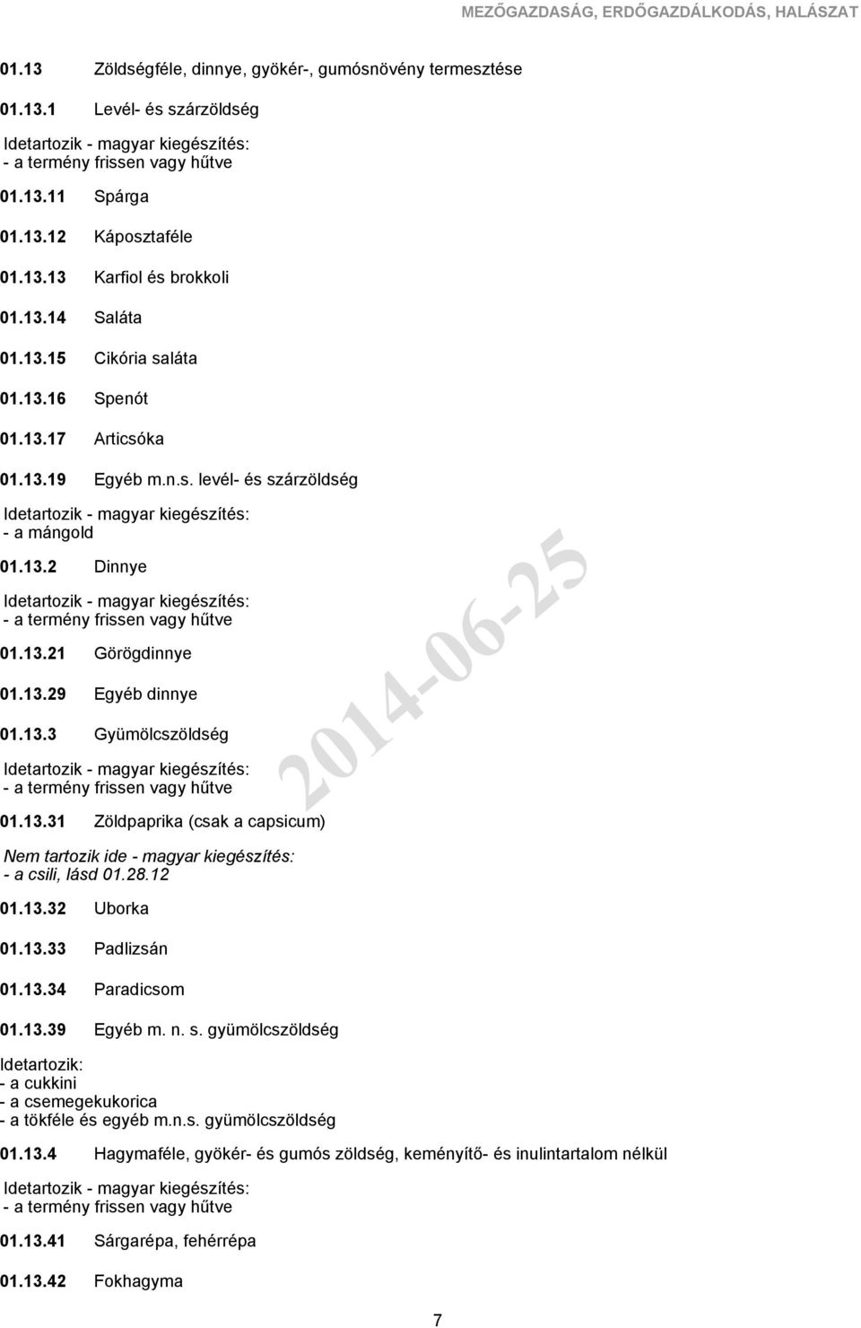 13.21 01.13.29 01.13.3 - a termény frissen vagy hűtve 01.13.31 Dinnye Görögdinnye Egyéb dinnye Gyümölcszöldség Zöldpaprika (csak a capsicum) - a csili, lásd 01.28.12 01.13.32 01.13.33 01.13.34 01.13.39 Uborka Padlizsán Paradicsom Egyéb m.