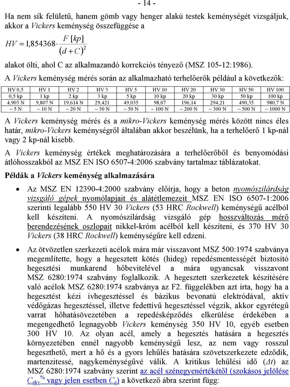 A Vickers keménység mérés során az alkalmazható terhelőerők például a következők: HV 0,5 HV 1 HV 2 HV 3 HV 5 HV 10 HV 20 HV 30 HV 50 HV 100 0,5 kp 1 kp 2 kp 3 kp 5 kp 10 kp 20 kp 30 kp 50 kp 100 kp