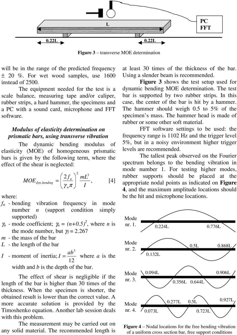 Modulus of elasticity determination on prismatic bars, using transverse vibration The dynamic bending modulus of elasticity (MOE) of homogeneous prismatic bars is given by the following term, where