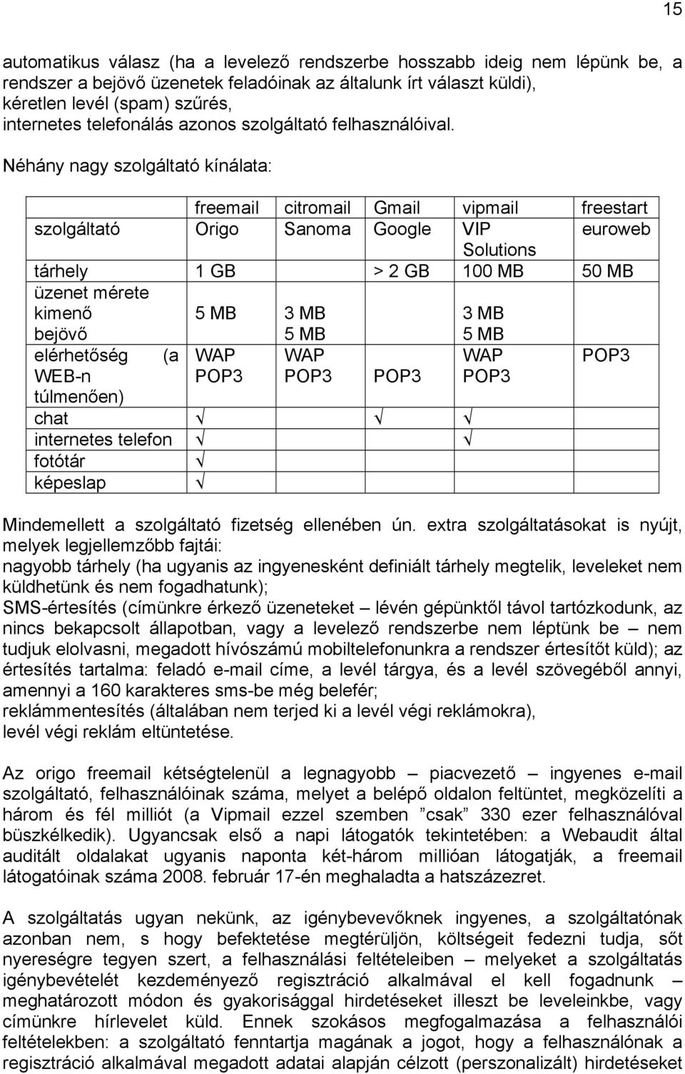 Néhány nagy szolgáltató kínálata: freemail citromail Gmail vipmail freestart szolgáltató Origo Sanoma Google VIP euroweb Solutions tárhely 1 GB > 2 GB 100 MB 50 MB üzenet mérete kimenő bejövő 5 MB 3