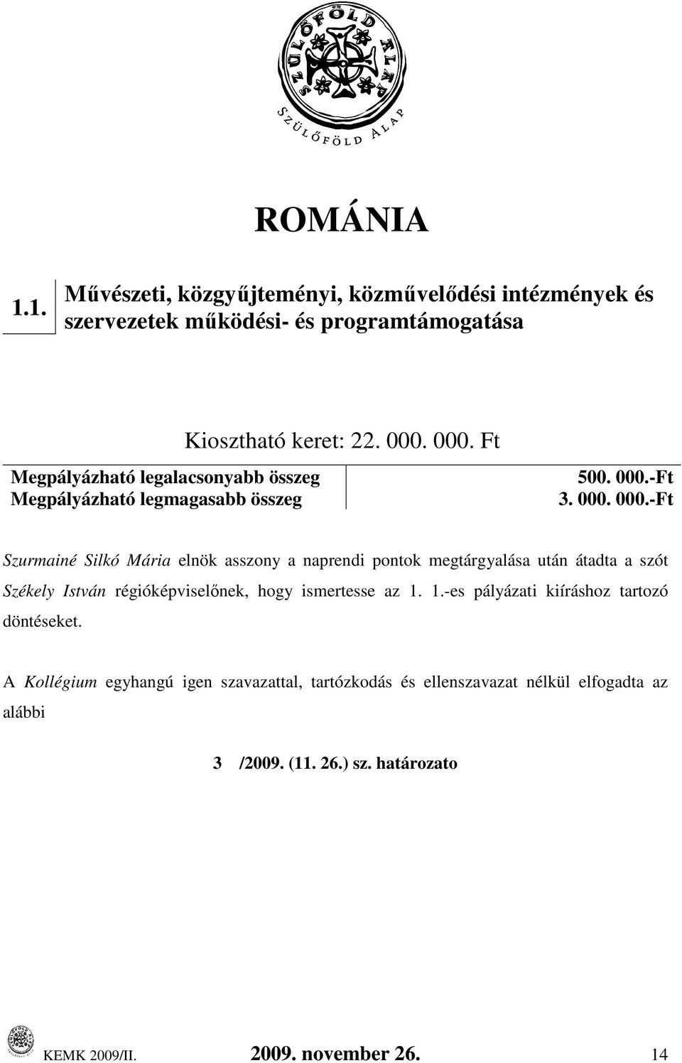 legmagasabb összeg Kiosztható keret: 22... Ft 500..-Ft 3.