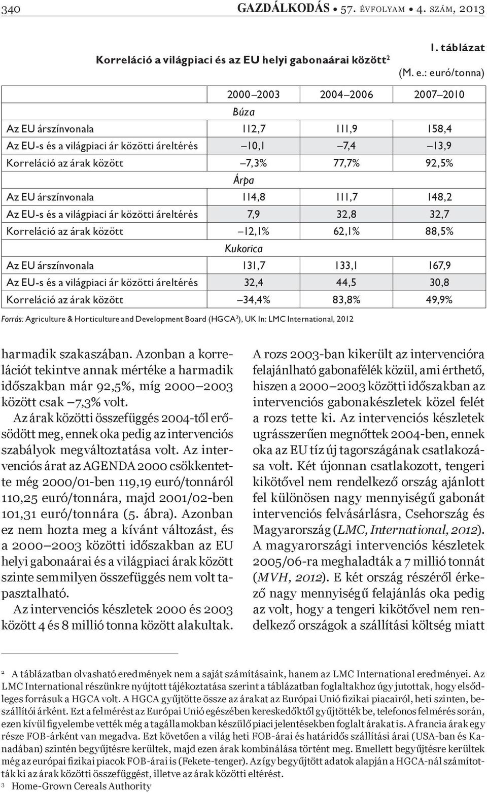 árszínvonala 114,8 111,7 148,2 Az EU-s és a világpiaci ár közötti áreltérés 7,9 32,8 32,7 Korreláció az árak között 12,1% 62,1% 88,5% Kukorica Az EU árszínvonala 131,7 133,1 167,9 Az EU-s és a