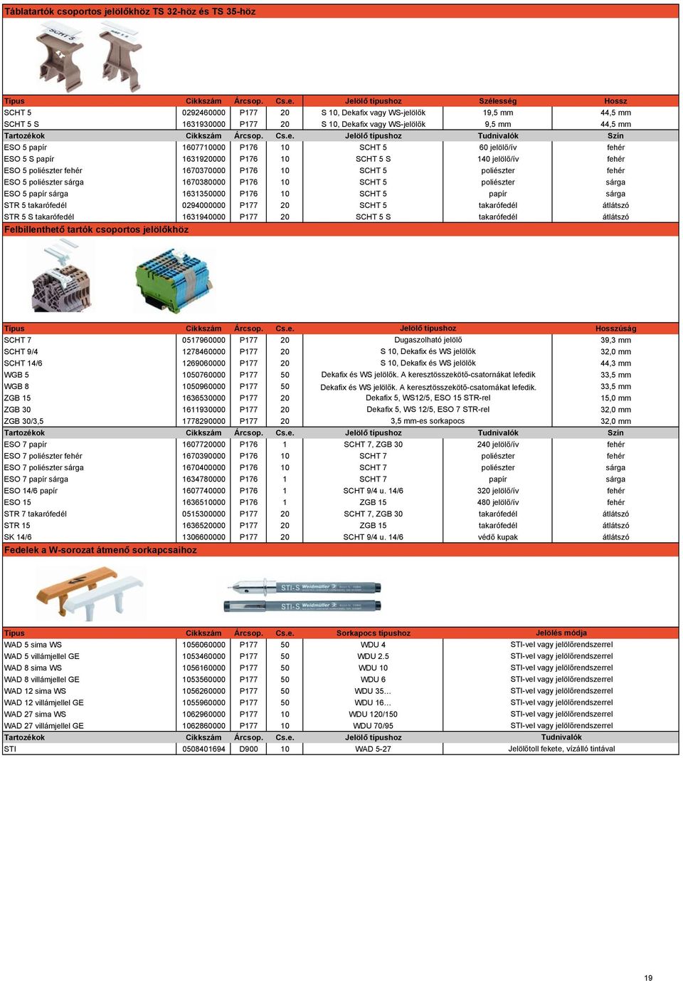 Jelölő típushoz Szélesség Hossz SCHT 5 0292460000 P177 20 S 10, Dekafix vagy WS-jelölők 19,5 mm 44,5 mm SCHT 5 S 1631930000 P177 20 S 10, Dekafix vagy WS-jelölők 9,5 mm 44,5 mm Tartozékok Cikkszám