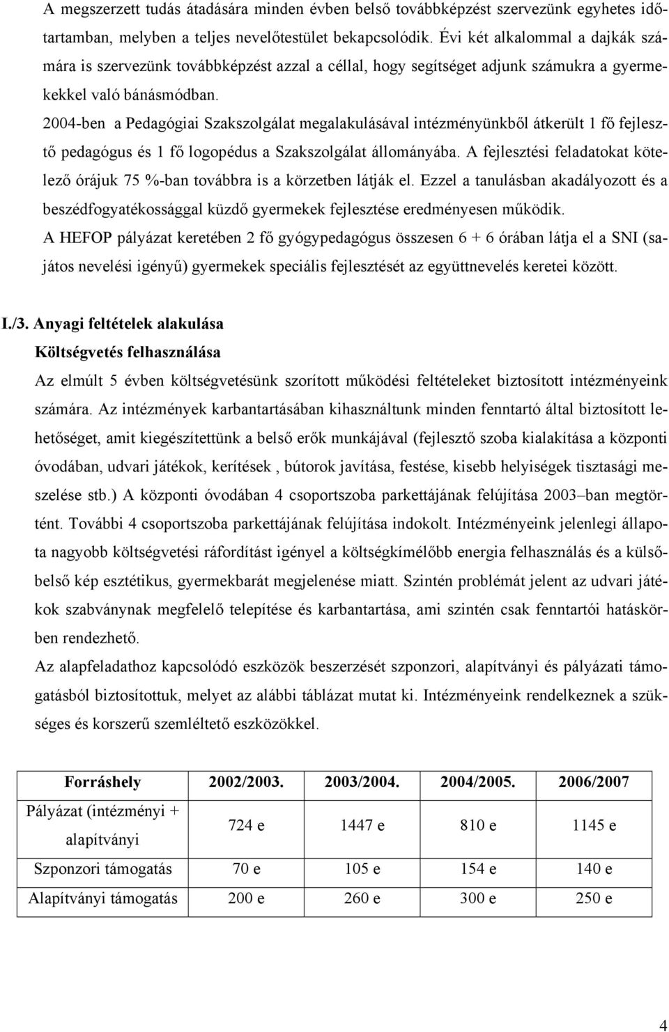 2004-ben a Pedagógiai Szakszolgálat megalakulásával intézményünkből átkerült 1 fő fejlesztő pedagógus és 1 fő logopédus a Szakszolgálat állományába.