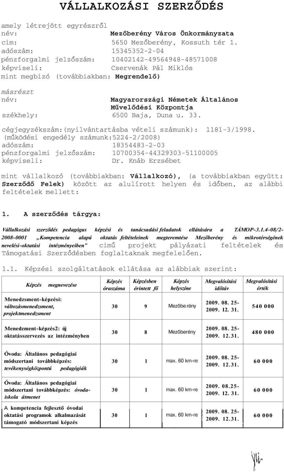 Művelődési Központja székhely: 6500 Baja, Duna u. 33. cégjegyzékszám:(nyilvántartásba vételi számunk): 1181-3/1998.