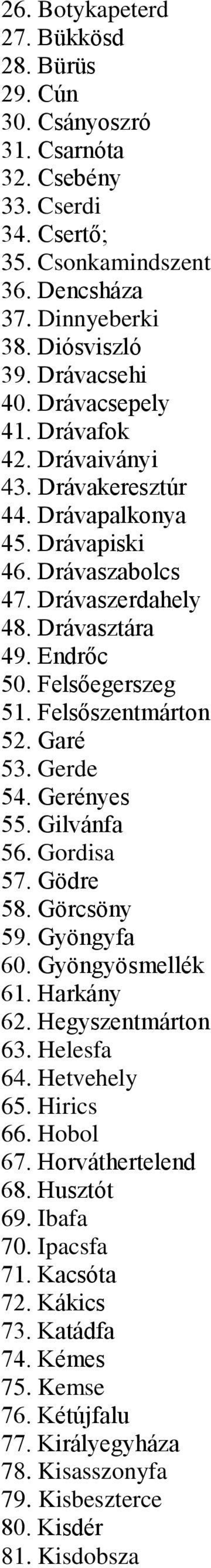 Felsőszentmárton 52. Garé 53. Gerde 54. Gerényes 55. Gilvánfa 56. Gordisa 57. Gödre 58. Görcsöny 59. Gyöngyfa 60. Gyöngyösmellék 61. Harkány 62. Hegyszentmárton 63. Helesfa 64. Hetvehely 65.