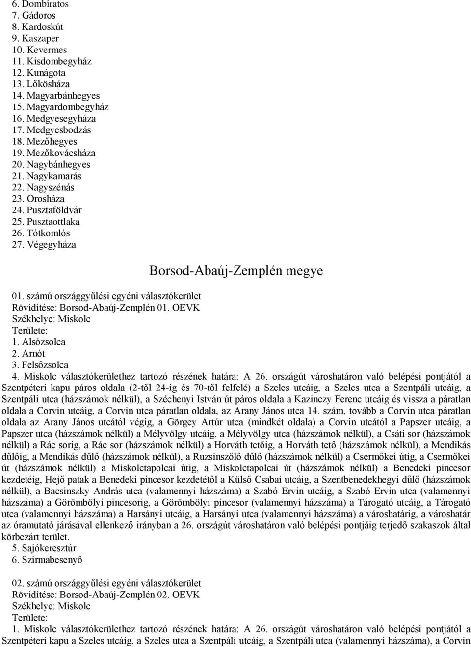 számú országgyűlési egyéni választókerület Rövidítése: Borsod-Abaúj-Zemplén 01. OEVK Székhelye: Miskolc 1. Alsózsolca 2. Arnót 3. Felsőzsolca 4.