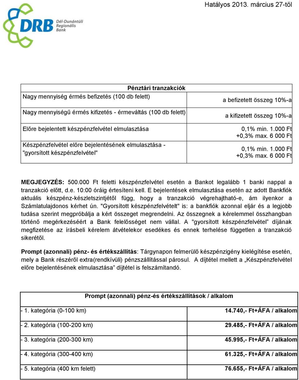 00 feletti készpénzfelvétel esetén a Bankot legalább 1 banki nappal a tranzakció előtt, d.e. 10:00 óráig értesíteni kell.