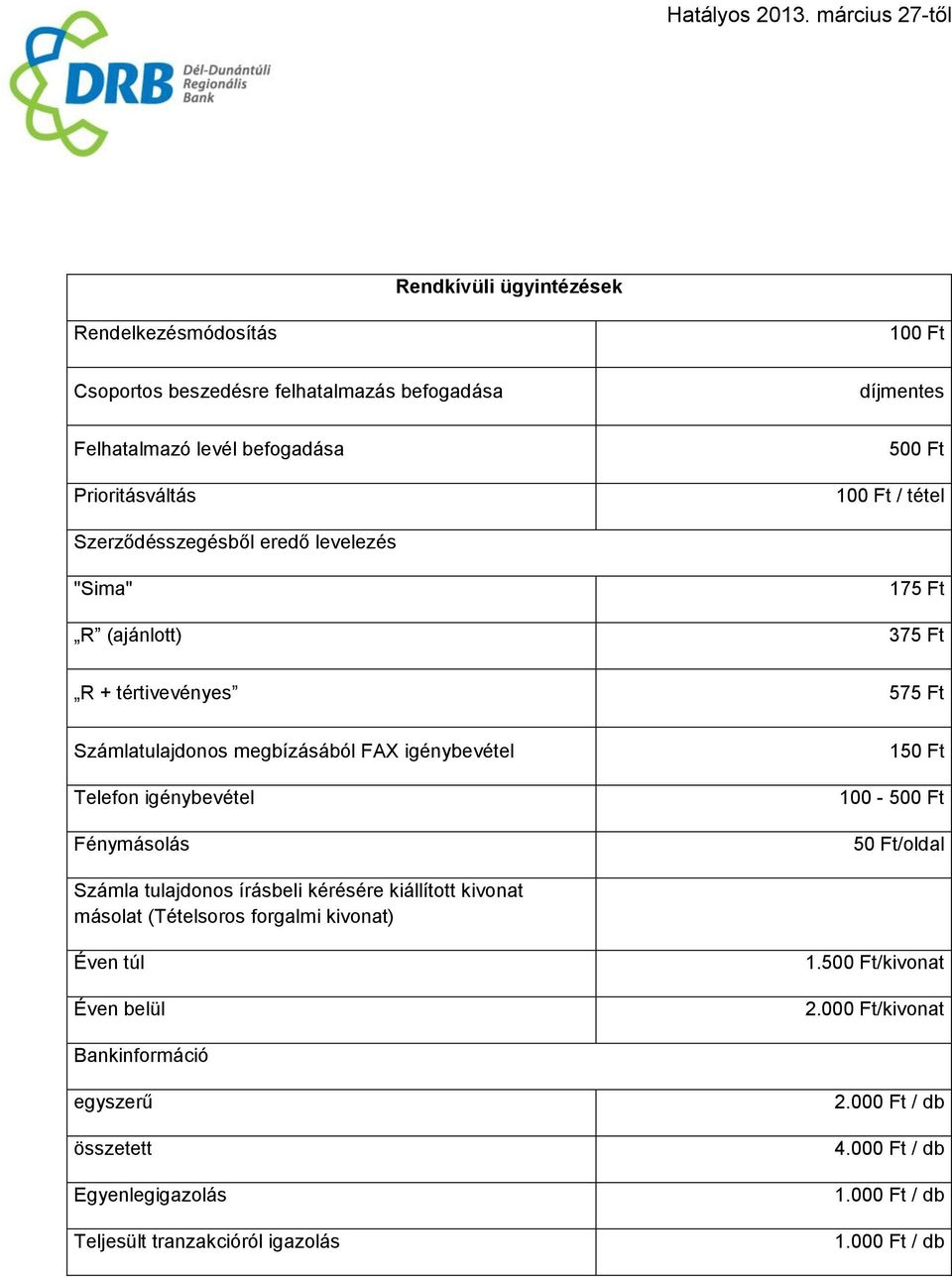 Telefon igénybevétel Fénymásolás 15 100-50 5/oldal Számla tulajdonos írásbeli kérésére kiállított kivonat másolat (Tételsoros forgalmi kivonat) Éven túl