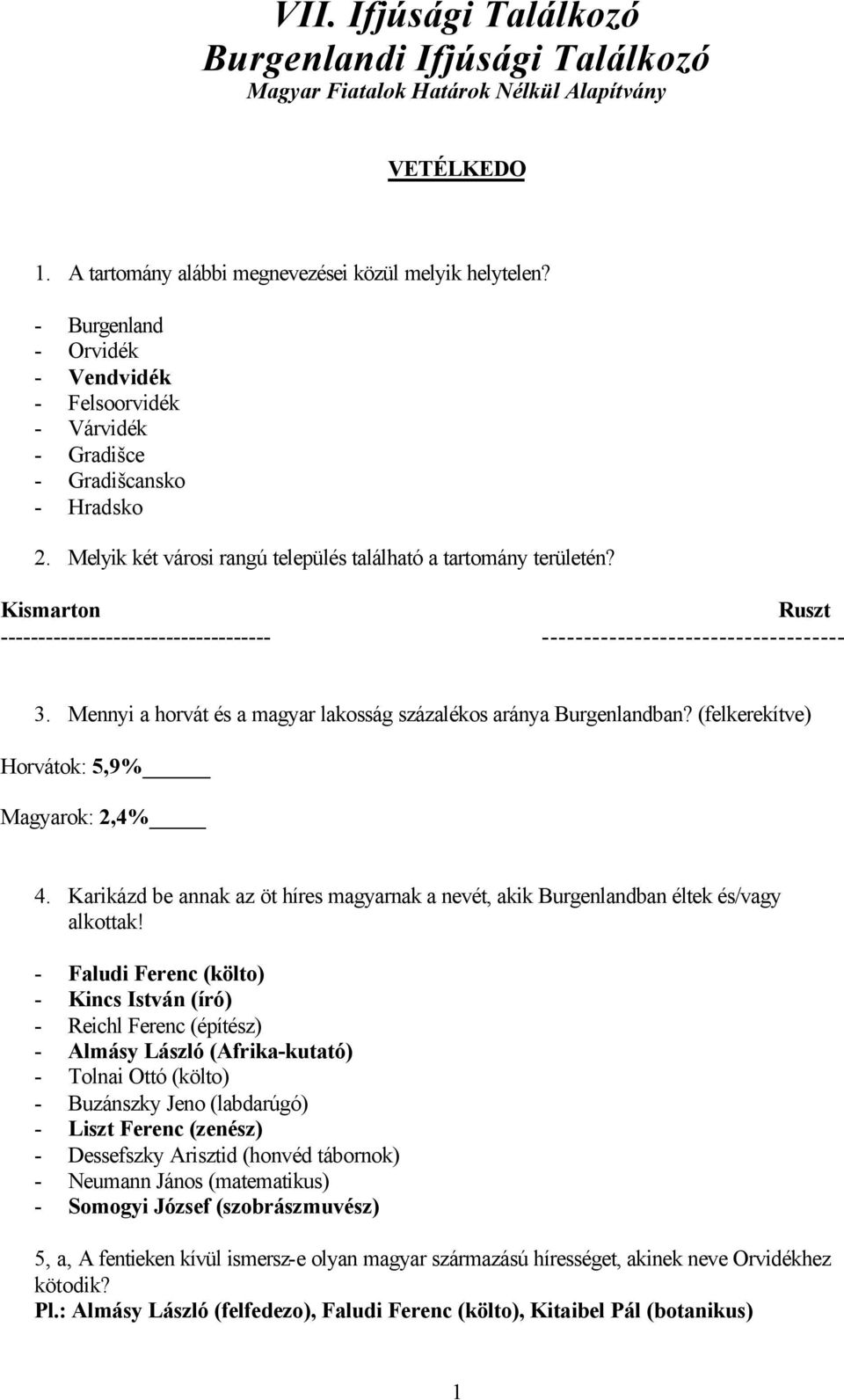 Kismarton Ruszt ---------- ---------- 3. Mennyi a horvát és a magyar lakosság százalékos aránya Burgenlandban? (felkerekítve) Horvátok: 5,9% Magyarok: 2,4% 4.