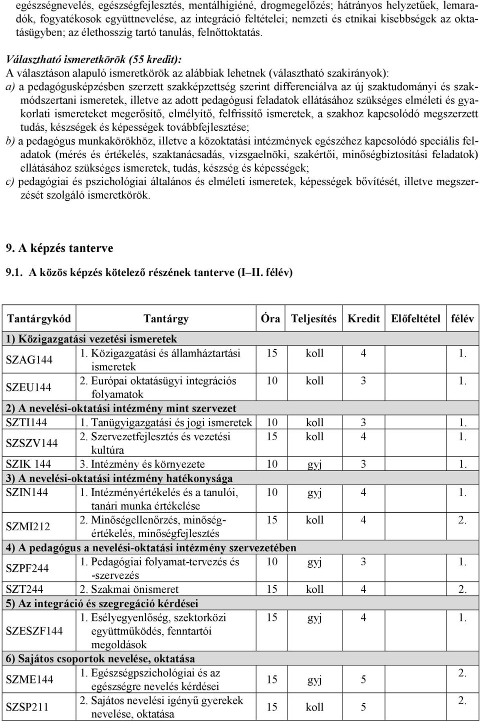 Választható ismeretkörök (55 kredit): A választáson alapuló ismeretkörök az alábbiak lehetnek (választható szakirányok): a) a pedagógusképzésben szerzett szakképzettség szerint differenciálva az új