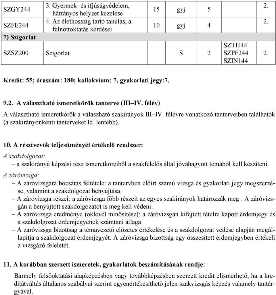 félév) A választható ismeretkörök a válaszható szakirányok IIIIV. félévre vonatkozó tanterveiben találhatók (a szakirányonkénti tanterveket ld. lentebb). 10.