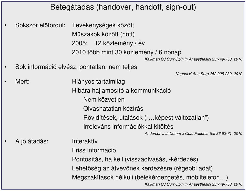 Olvashatatlan kézírás Rövidítések, utalások ( képest változatlan ) Irreleváns információkkal kitöltés Anderson J Jt Comm J Qual Patients Saf 36:62-71, 2010 A jó átadás: Interaktív Friss