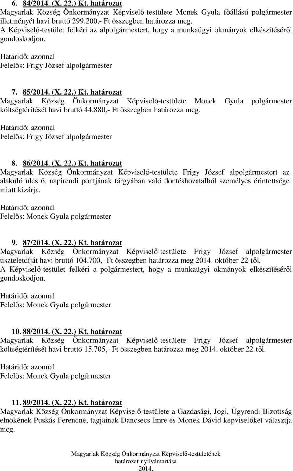 határozat Magyarlak Község Önkormányzat Képviselő-testülete Monek Gyula polgármester költségtérítését havi bruttó 44.880,- Ft összegben határozza meg. 8. 86/ (X. 22.) Kt.