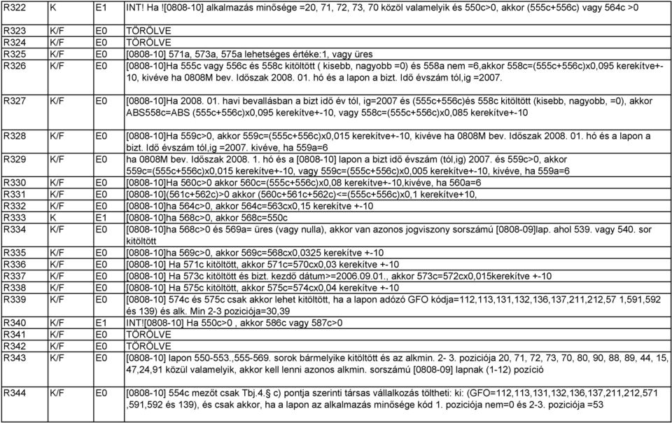 értéke:1, vagy üres R326 K/F E0 [0808-10]Ha 555c vagy 556c és 558c kitöltött ( kisebb, nagyobb =0) és 558a nem =6,akkor 558c=(555c+556c)x0,095 kerekítve+- 10, kivéve ha 0808M bev. Időszak 2008. 01.