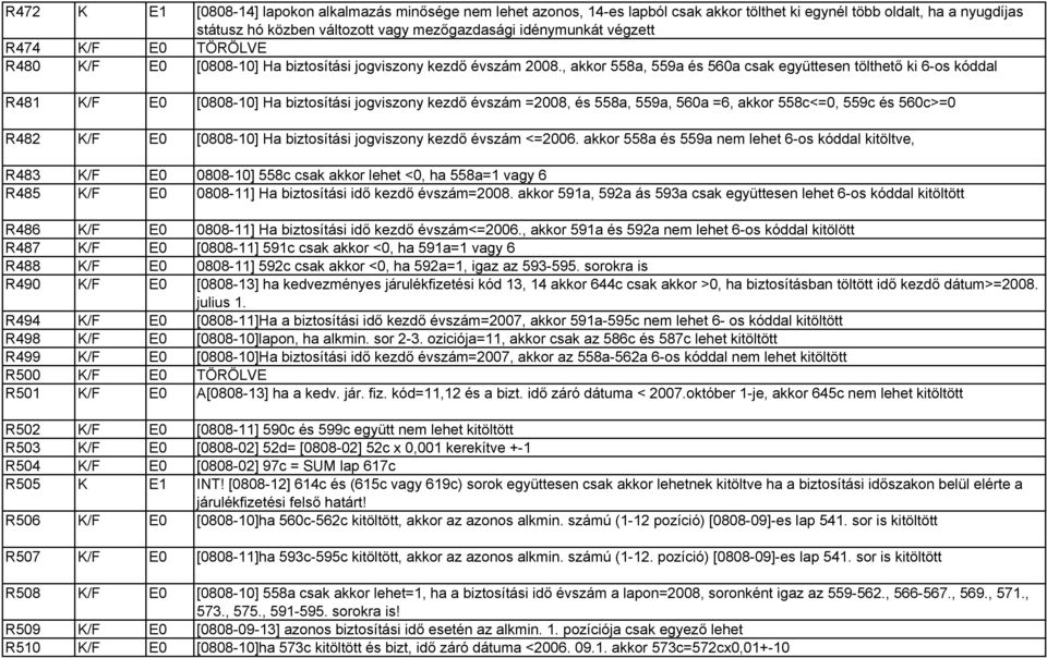 , akkor 558a, 559a és 560a csak együttesen tölthető ki 6-os kóddal R481 K/F E0 [0808-10] Ha biztosítási jogviszony kezdő évszám =2008, és 558a, 559a, 560a =6, akkor 558c<=0, 559c és 560c>=0 R482 K/F