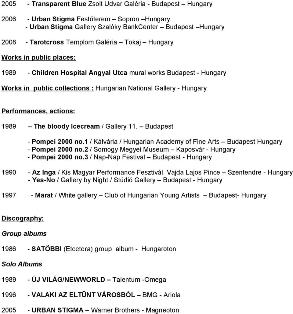 actions: 1989 The bloody Icecream / Gallery 11. Budapest - Pompei 2000 no.1 / Kálvária / Hungarian Academy of Fine Arts Budapest Hungary - Pompei 2000 no.