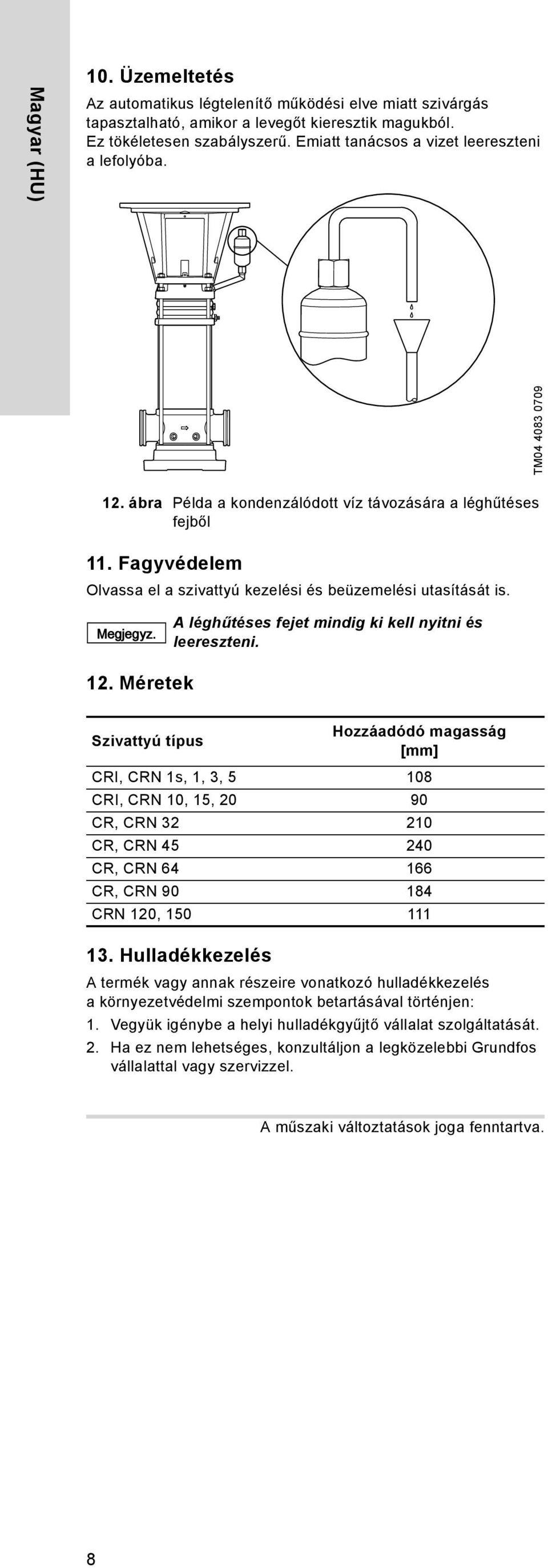 Fagyvédelem Olvassa el a szivattyú kezelési és beüzemelési utasítását is. Megjegyz. A léghűtéses fejet mindig ki kell nyitni és leereszteni. 12.