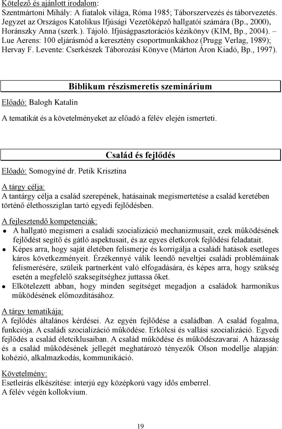 Levente: Cserkészek Táborozási Könyve (Márton Áron Kiadó, Bp., 1997). Előadó: Balogh Katalin Biblikum részismeretis szeminárium A tematikát és a követelményeket az előadó a félév elején ismerteti.