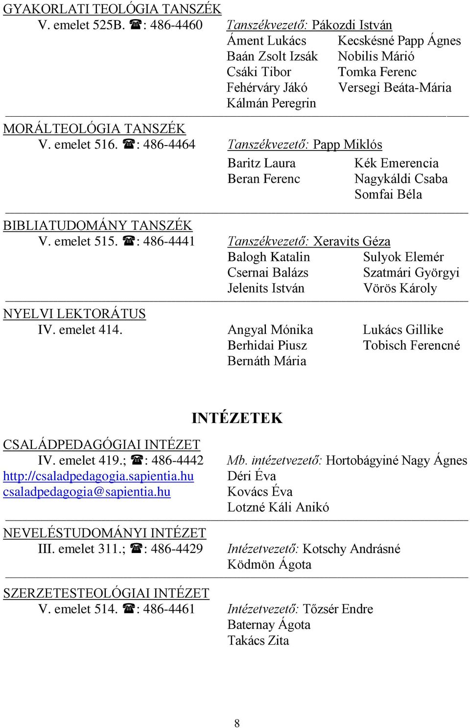 TANSZÉK V. emelet 516. : 486-4464 Tanszékvezető: Papp Miklós Baritz Laura Beran Ferenc Kék Emerencia Nagykáldi Csaba Somfai Béla BIBLIATUDOMÁNY TANSZÉK V. emelet 515.