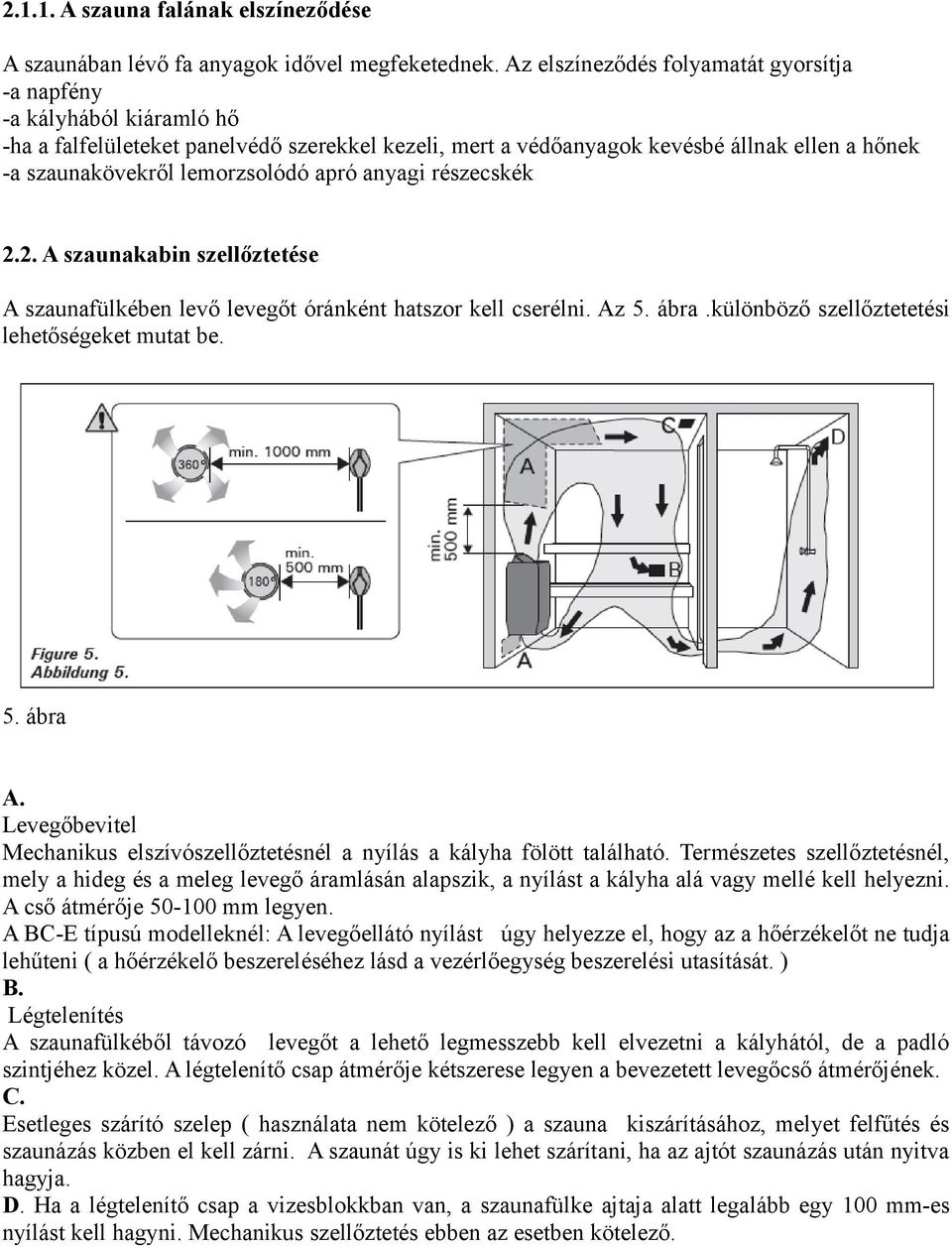 lemorzsolódó apró anyagi részecskék 2.2. A szaunakabin szellőztetése A szaunafülkében levő levegőt óránként hatszor kell cserélni. Az 5. ábra.különböző szellőztetetési lehetőségeket mutat be. 5. ábra A.