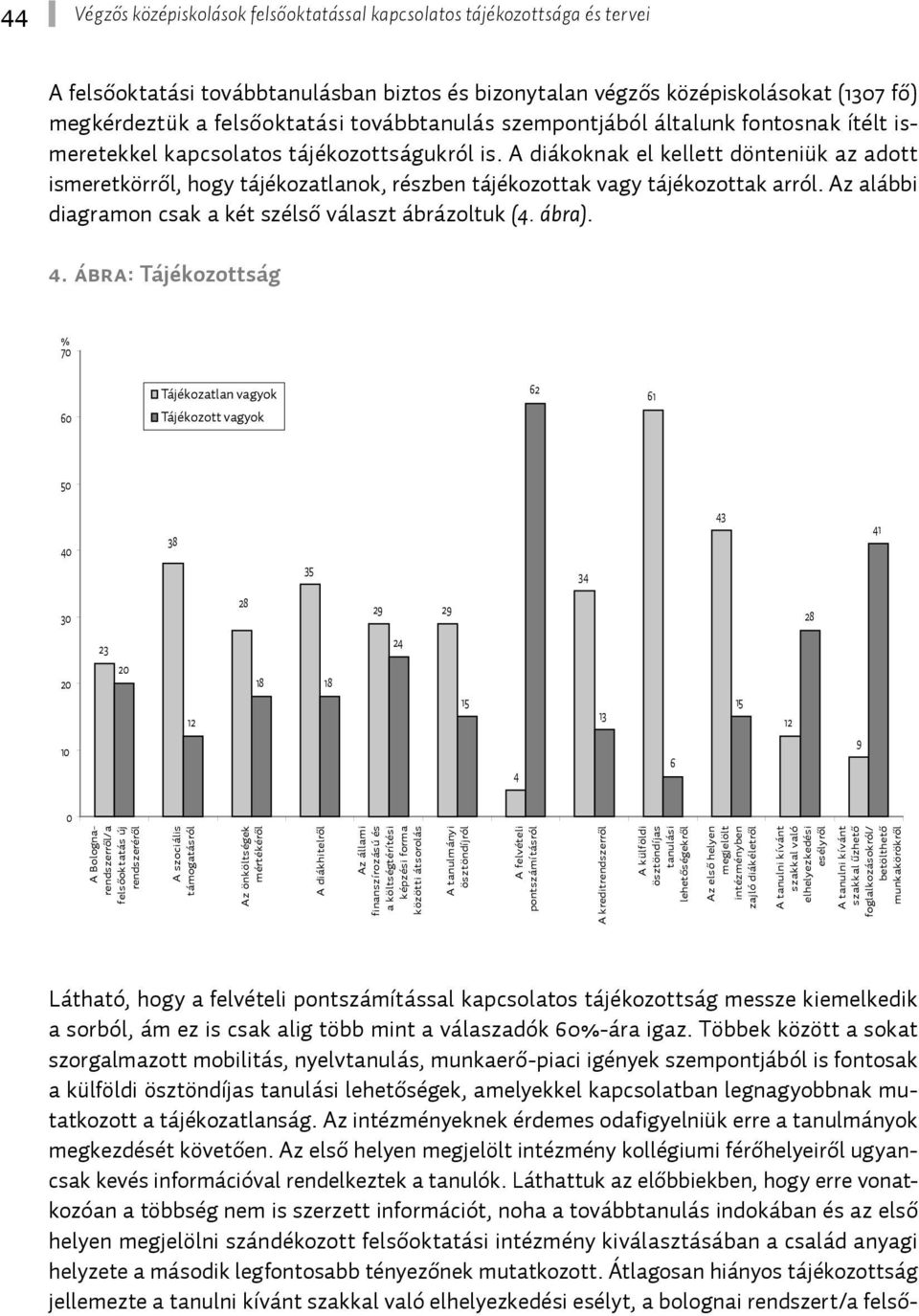 A diákoknak el kellett dönteniük az adott ismeretkörről, hogy tájékozatlanok, részben tájékozottak vagy tájékozottak arról. Az alábbi diagramon csak a két szélső választ ábrázoltuk (4. ábra). 4.