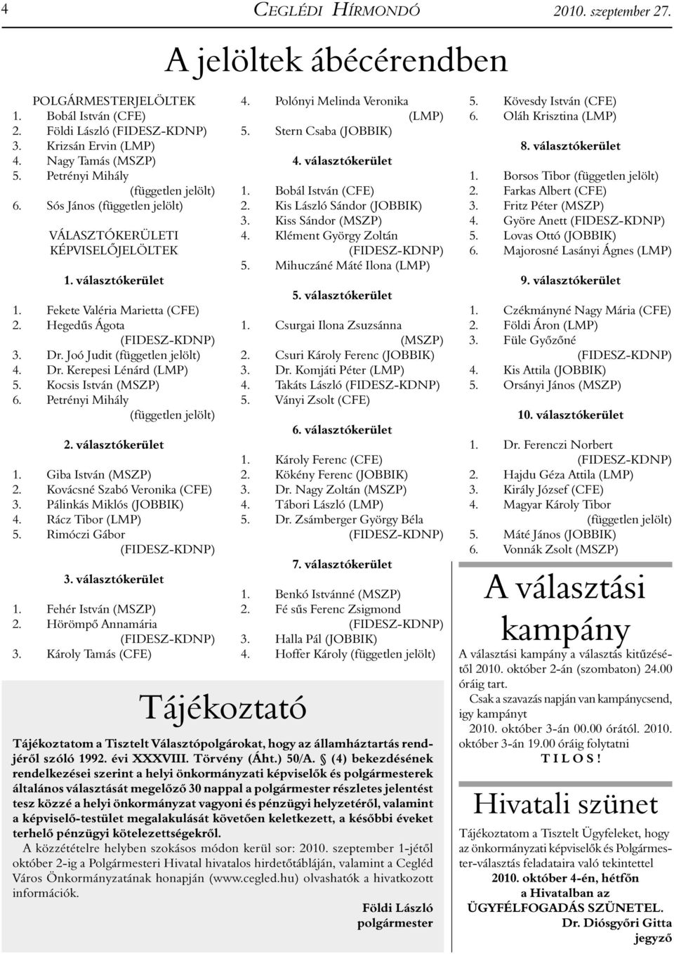 Joó Judit (független jelölt) 4. Dr. Kerepesi Lénárd (LMP) 5. Kocsis István (MSZP) 6. Petrényi Mihály (független jelölt) 2. választókerület 1. Giba István (MSZP) 2. Kovácsné Szabó Veronika (CFE) 3.