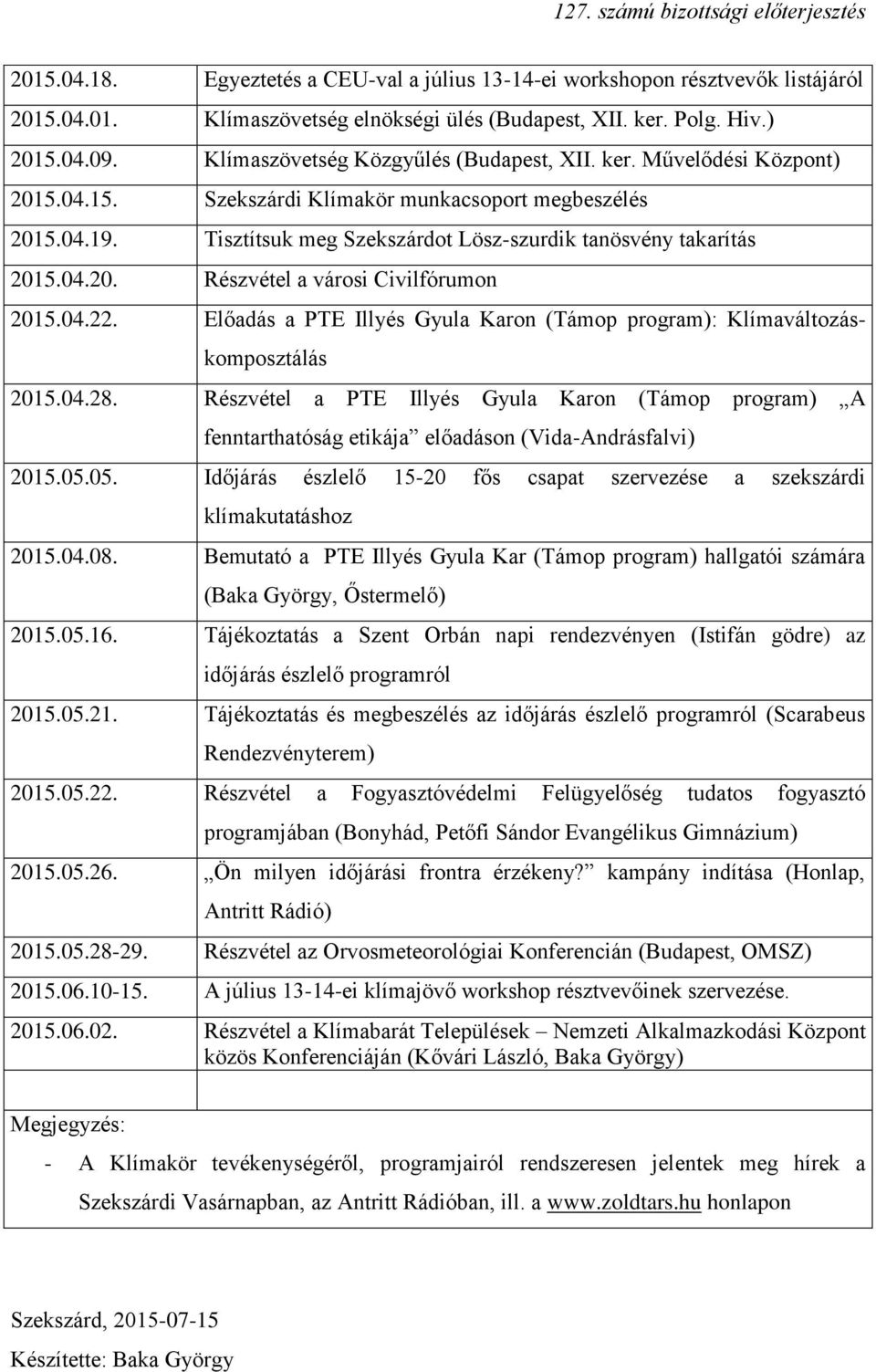 04.20. Részvétel a városi Civilfórumon 2015.04.22. Előadás a PTE Illyés Gyula Karon (Támop program): Klímaváltozáskomposztálás 2015.04.28.