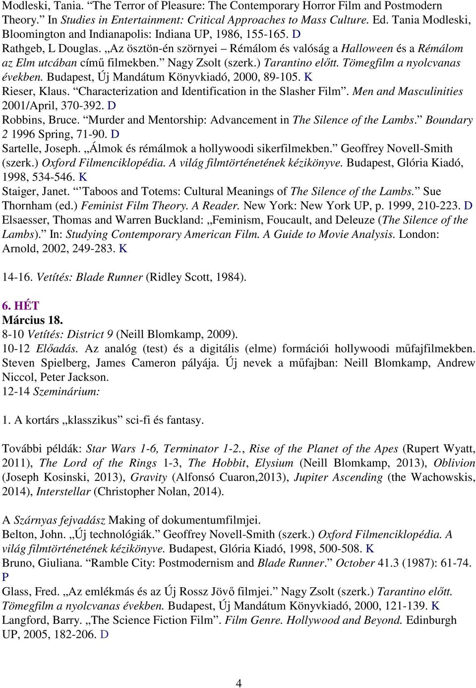 Nagy Zsolt (szerk.) Tarantino elıtt. Tömegfilm a nyolcvanas években. Budapest, Új Mandátum Könyvkiadó, 2000, 89-105. K Rieser, Klaus. Characterization and Identification in the Slasher Film.