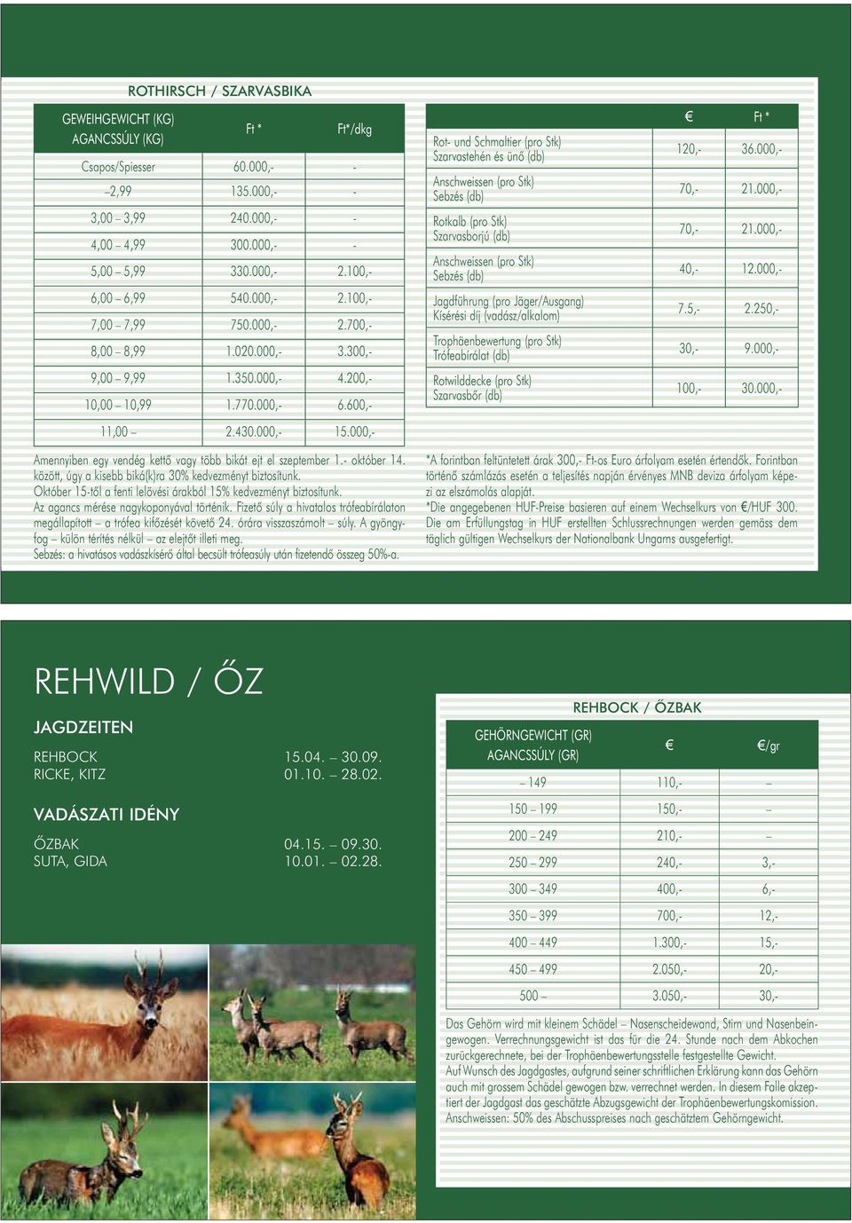 000,- Rot- und Schmaltier (pro Stk) Szar vas te hén és ünõ (db) Anschweissen (pro Stk) Seb zés (db) Rotkalb (pro Stk) Szar vas bor jú (db) Anschweissen (pro Stk) Seb zés (db) Jagdführung (pro