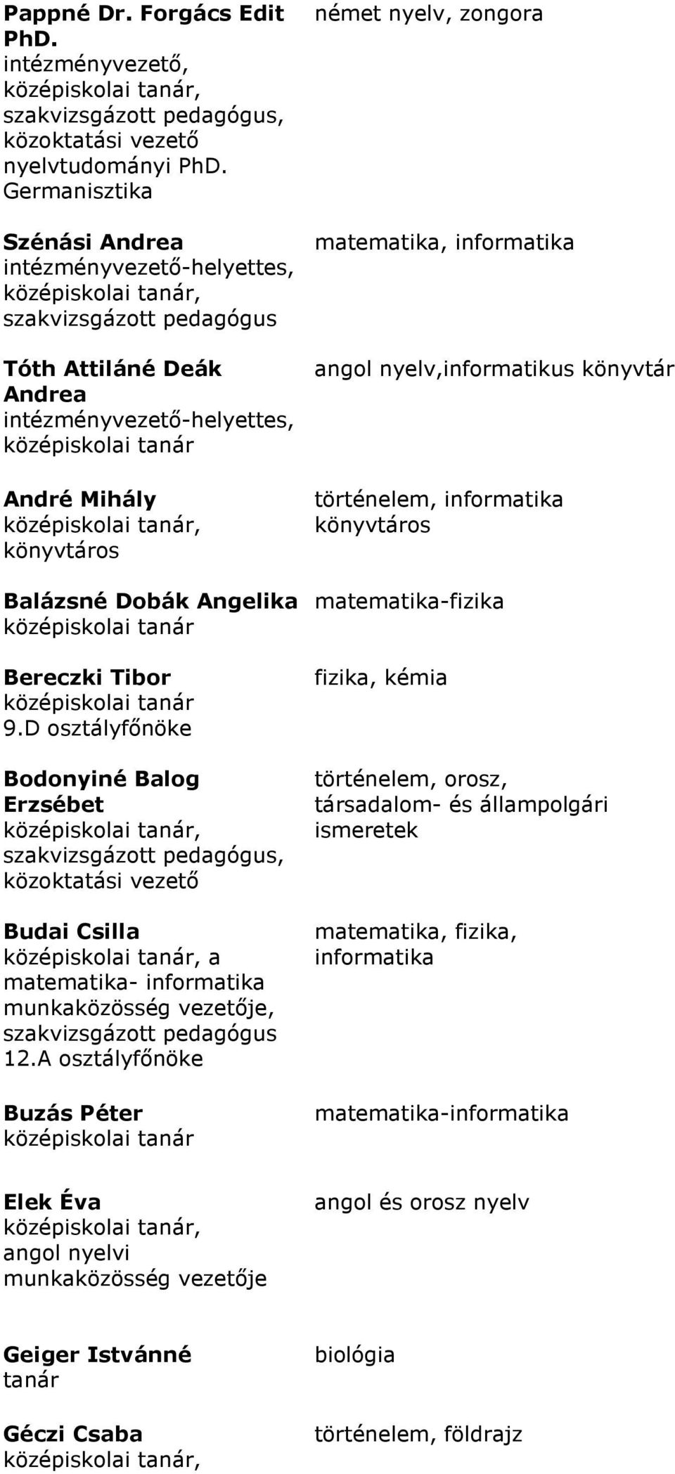 Tibor 9.D osztályfőnöke Bodonyiné Balog Erzsébet,, közoktatási vezető Budai Csilla, a matematika-, 12.