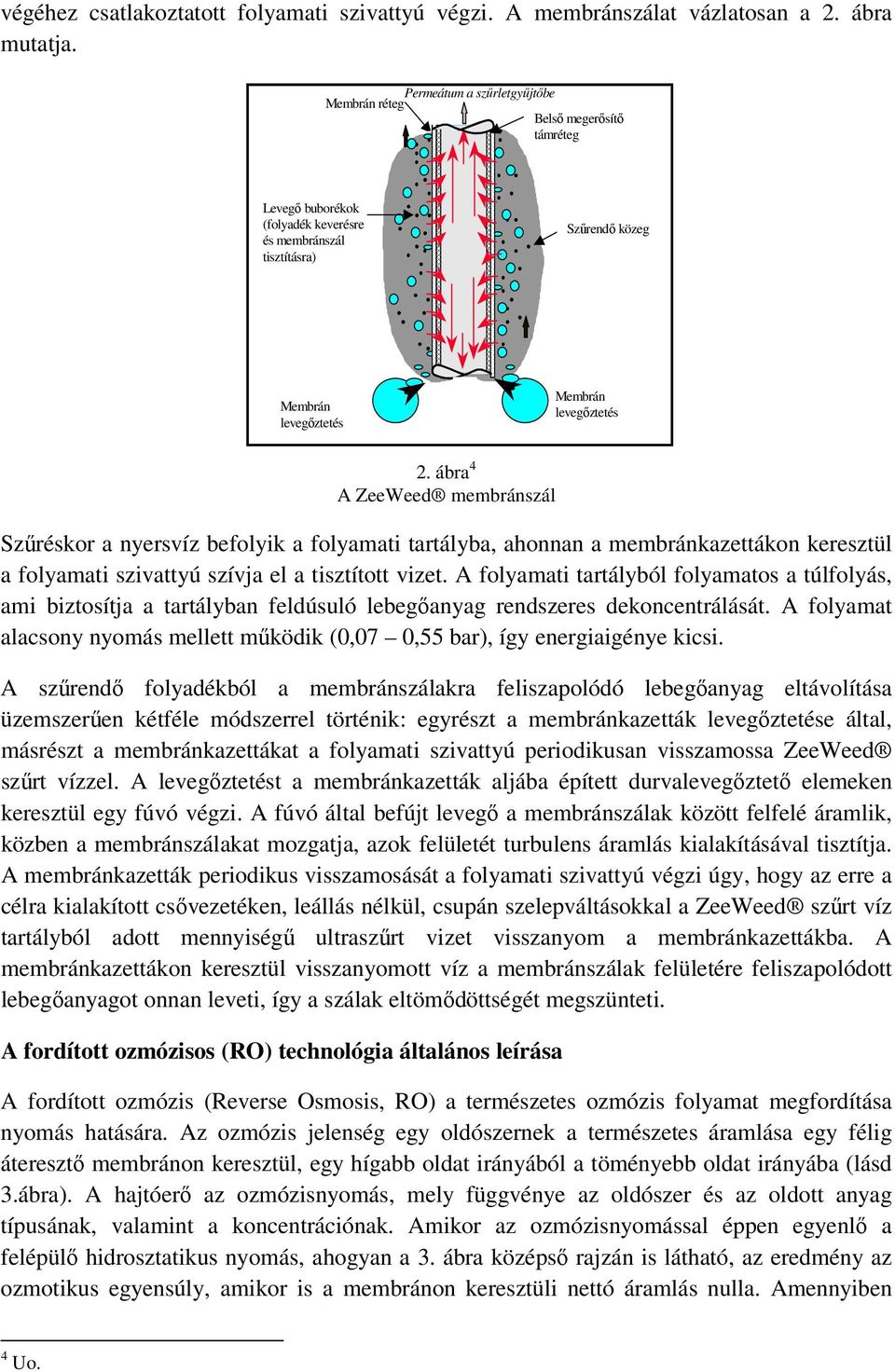 ábra 4 A ZeeWeed membránszál Szűréskor a nyersvíz befolyik a folyamati tartályba, ahonnan a membránkazettákon keresztül a folyamati szivattyú szívja el a tisztított vizet.