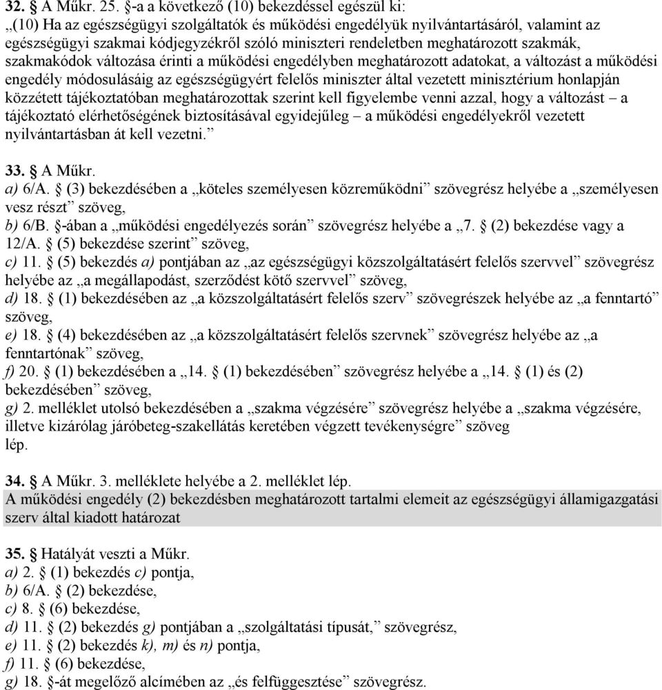 meghatározott szakmák, szakmakódok változása érinti a működési engedélyben meghatározott adatokat, a változást a működési engedély módosulásáig az egészségügyért felelős miniszter által vezetett