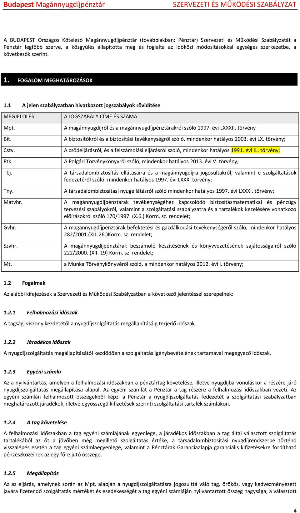 Gvhr. Szvhr. Mt. A JOGSZABÁLY CÍME ÉS SZÁMA A magánnyugdíjról és a magánnyugdíjpénztárakról szóló 1997. évi LXXXII.