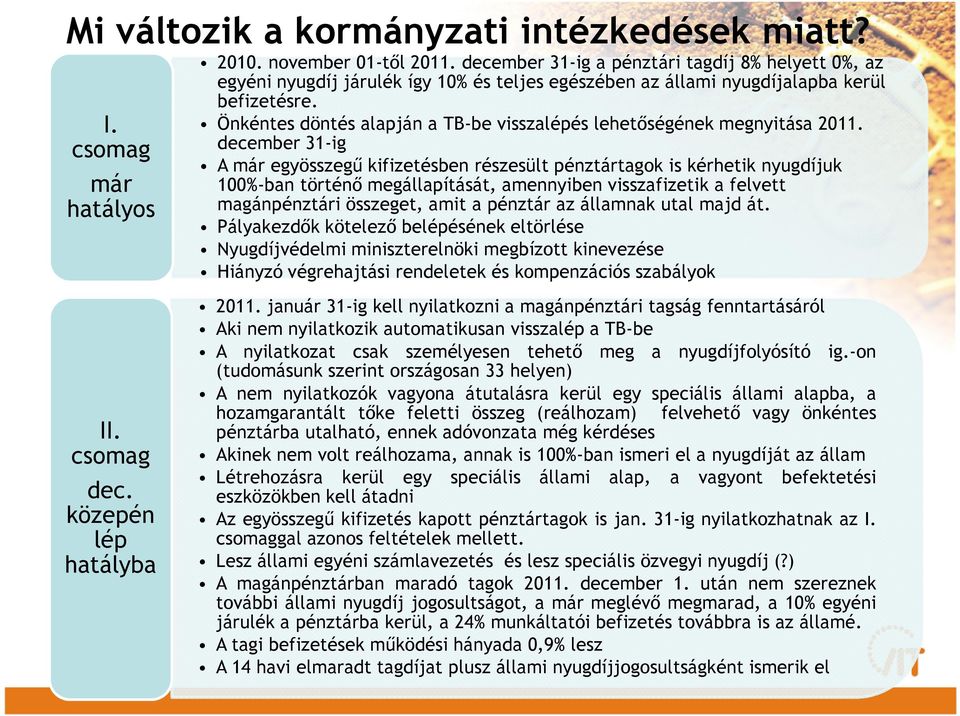 közepén lép hatályba Önkéntes döntés alapján a TB-be visszalépés lehetıségének megnyitása 2011.