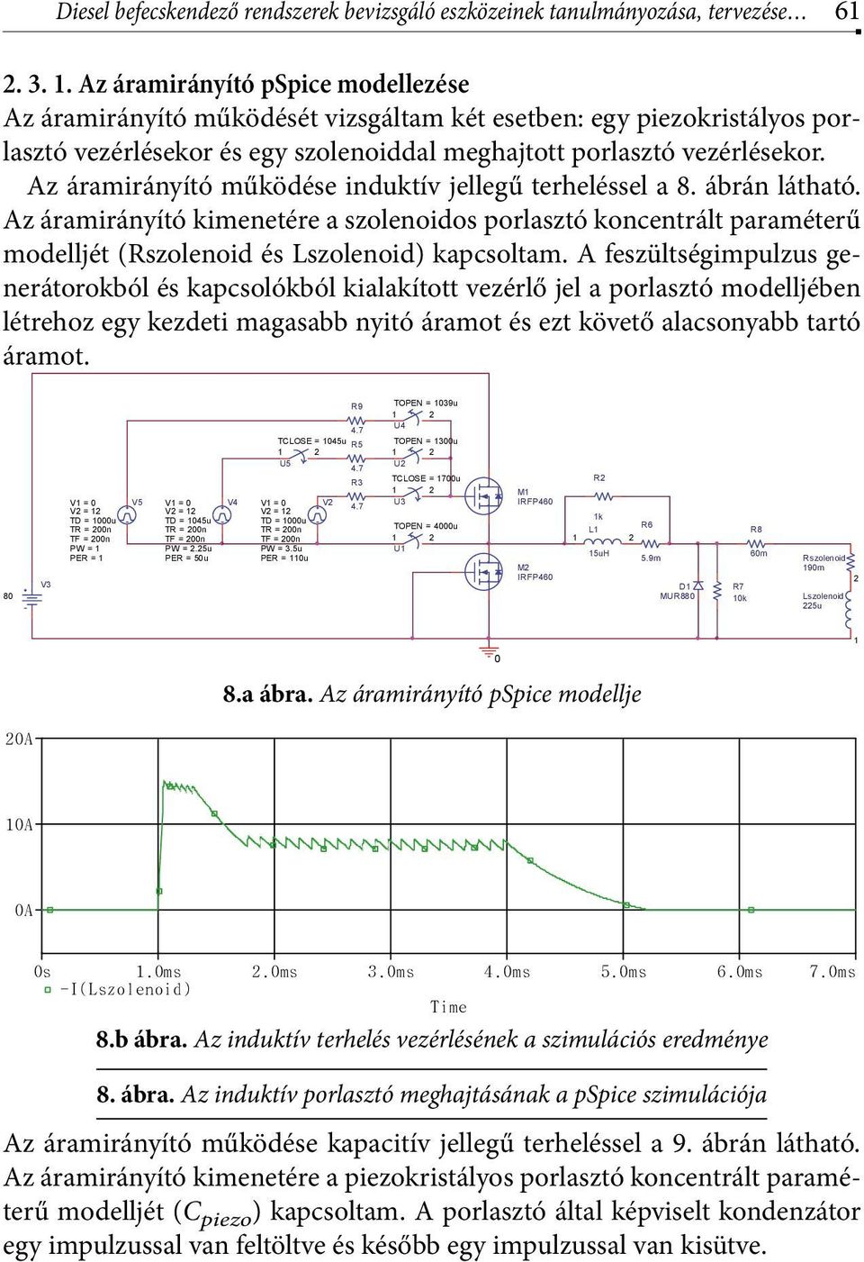 Az áramirányító működése induktív jellegű terheléssel a 8. ábrán látható. Az áramirányító kimenetére a szolenoidos porlasztó koncentrált paraméterű modelljét (Rszolenoid és Lszolenoid) kapcsoltam.